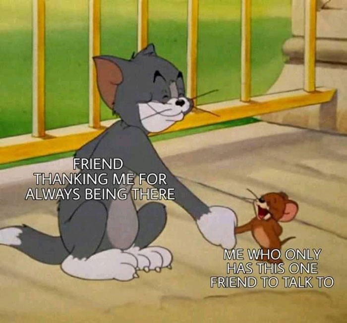 Tom và Jerry meme với Tom mỉm cười với Jerry, miêu tả sự trân trọng tình bạn
