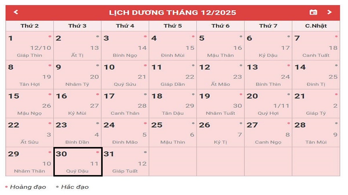 Ngày 11 tháng 11 âm lịch trùng với ngày 30 tháng 12 năm 2025 dương lịch